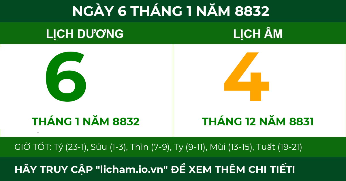lịch âm ngày 6 tháng 1 năm 8832
