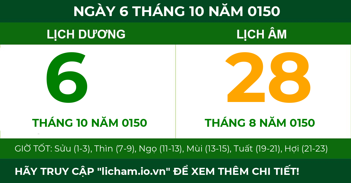 lịch âm ngày 6 tháng 10 năm 0150
