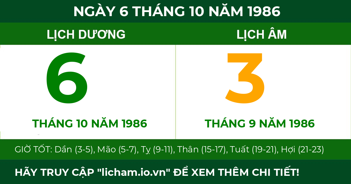lịch âm ngày 6 tháng 10 năm 1986