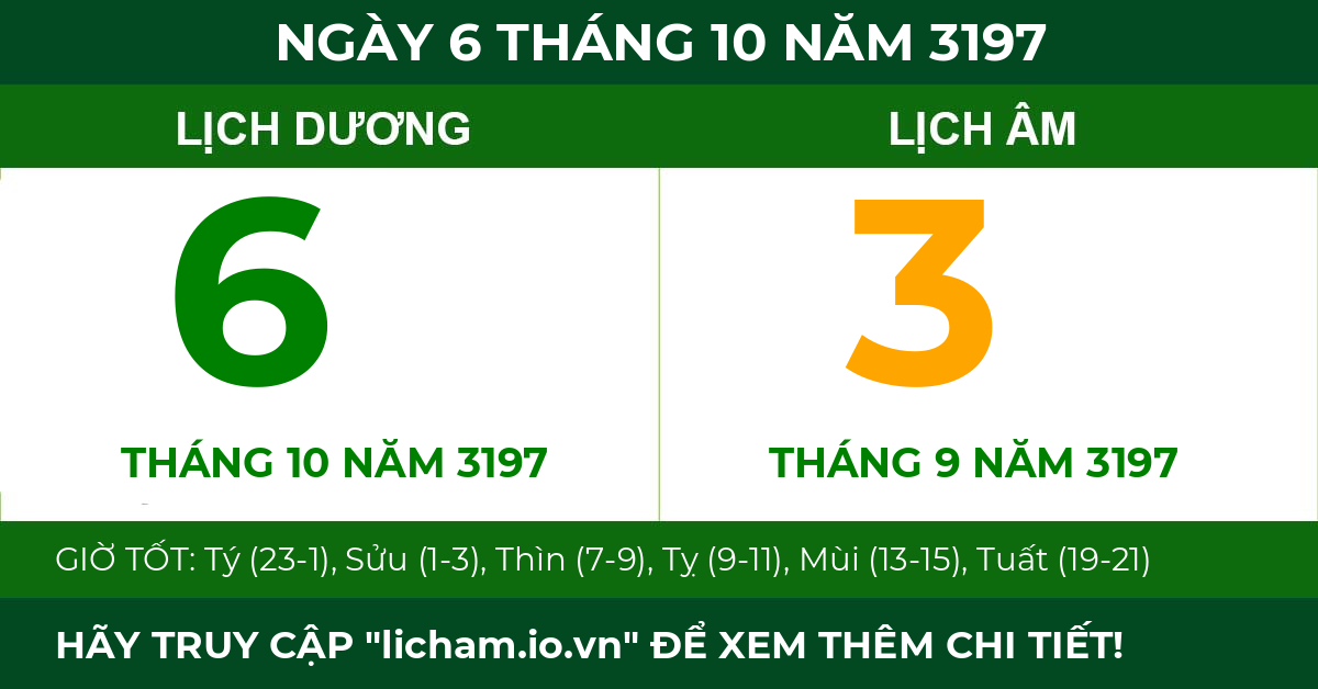 lịch âm ngày 6 tháng 10 năm 3197
