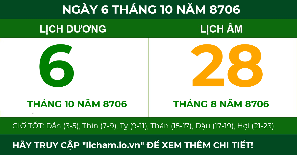 lịch âm ngày 6 tháng 10 năm 8706