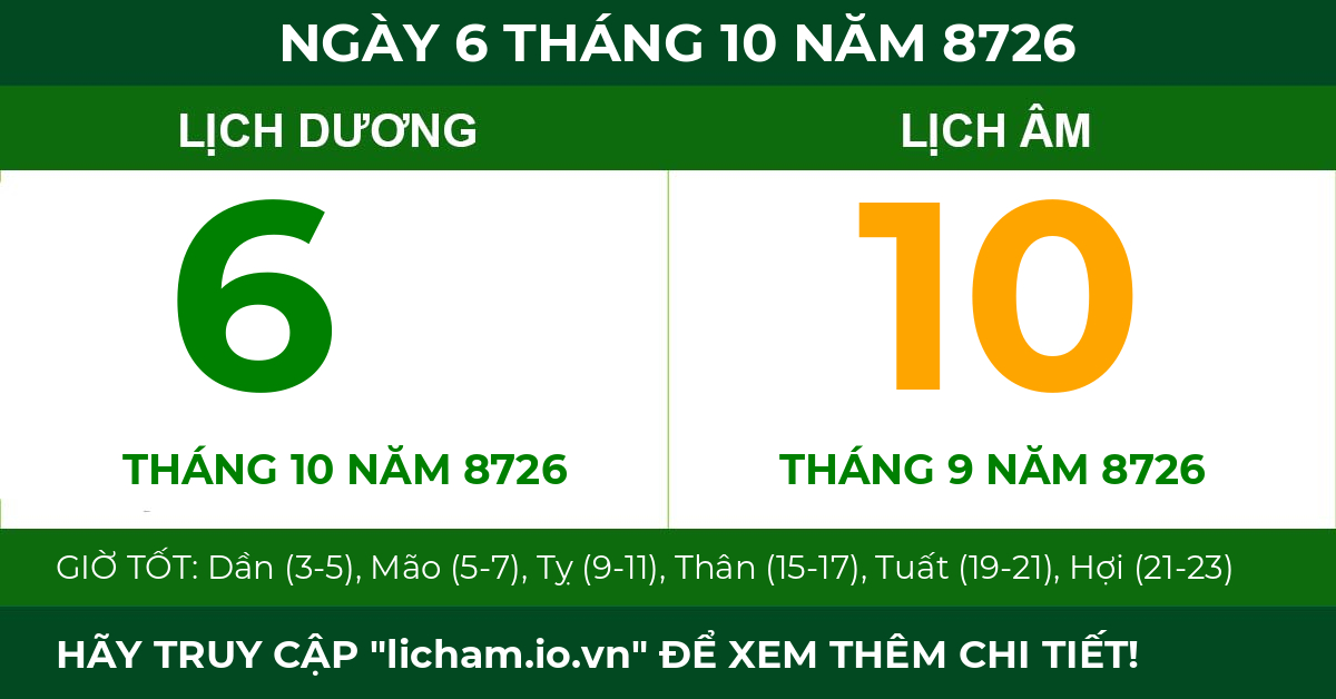 lịch âm ngày 6 tháng 10 năm 8726