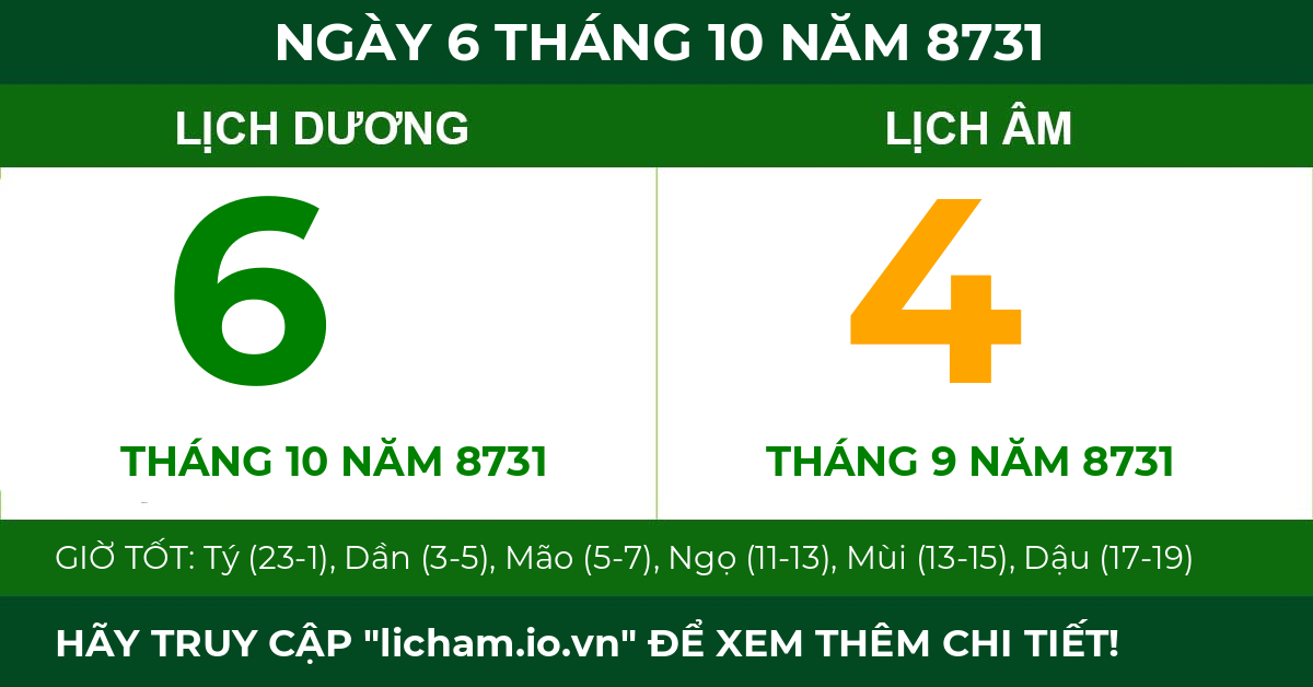 lịch âm ngày 6 tháng 10 năm 8731