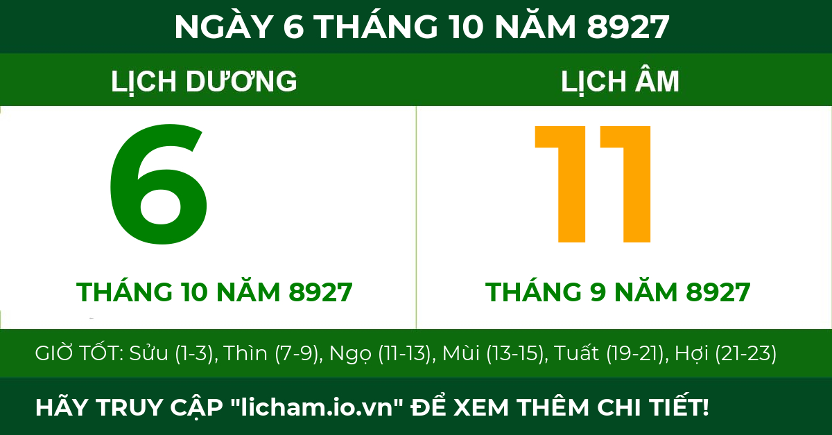 lịch âm ngày 6 tháng 10 năm 8927