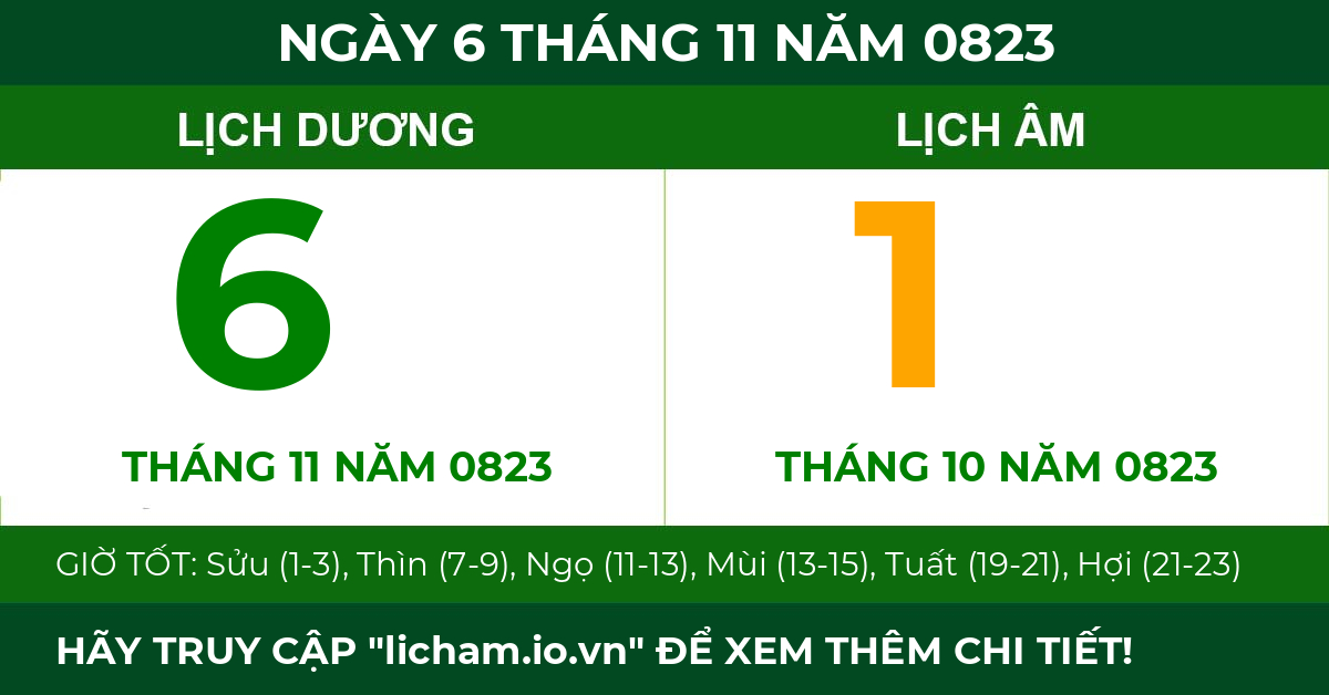 lịch âm ngày 6 tháng 11 năm 0823