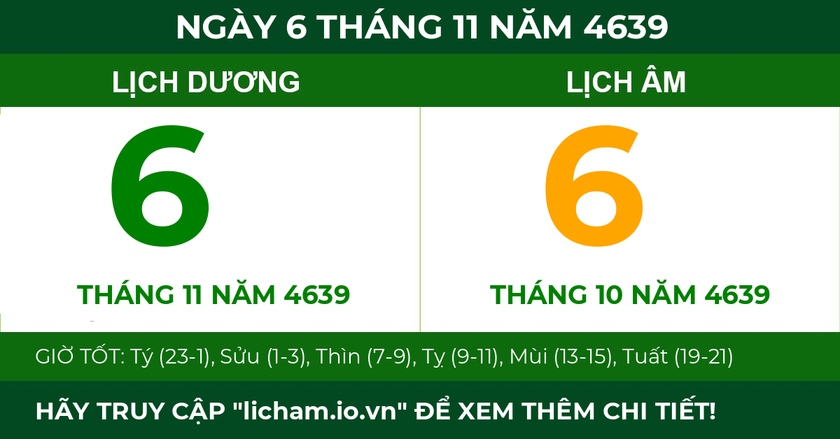 lịch âm ngày 6 tháng 11 năm 4639