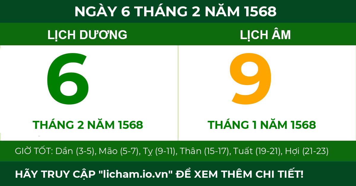 lịch âm ngày 6 tháng 2 năm 1568