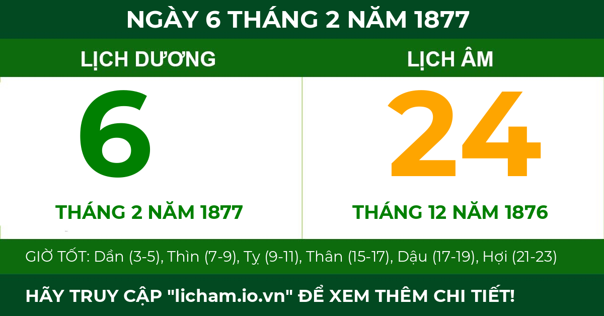 lịch âm ngày 6 tháng 2 năm 1877