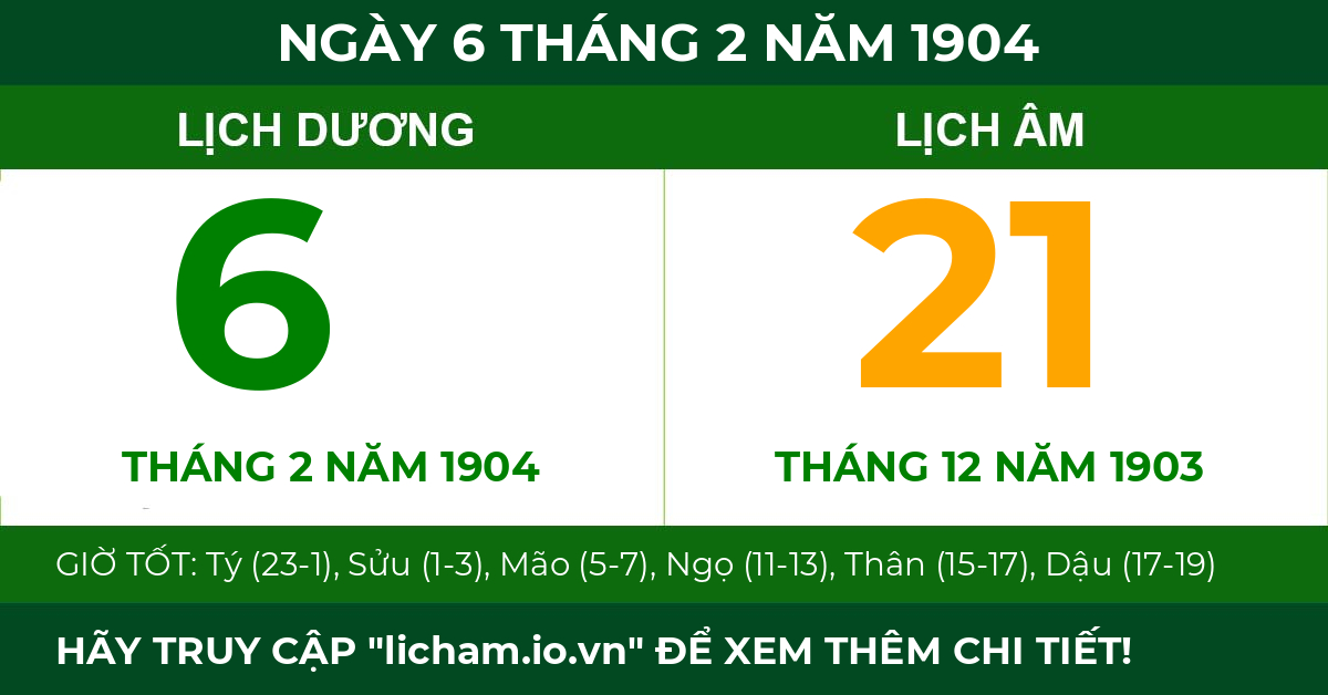 lịch âm ngày 6 tháng 2 năm 1904
