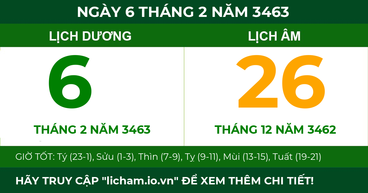 lịch âm ngày 6 tháng 2 năm 3463