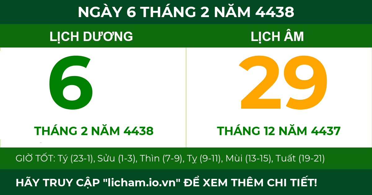 lịch âm ngày 6 tháng 2 năm 4438