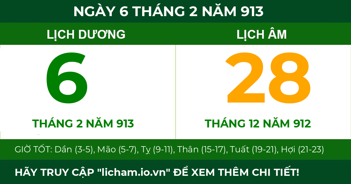 lịch âm ngày 6 tháng 2 năm 913