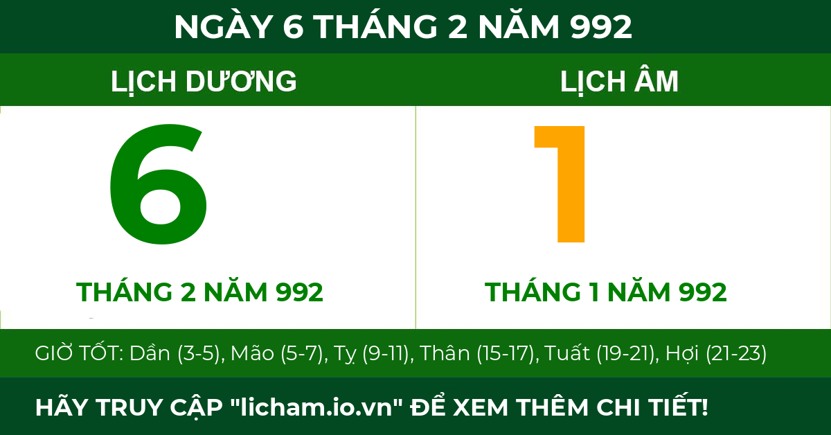 lịch âm ngày 6 tháng 2 năm 992