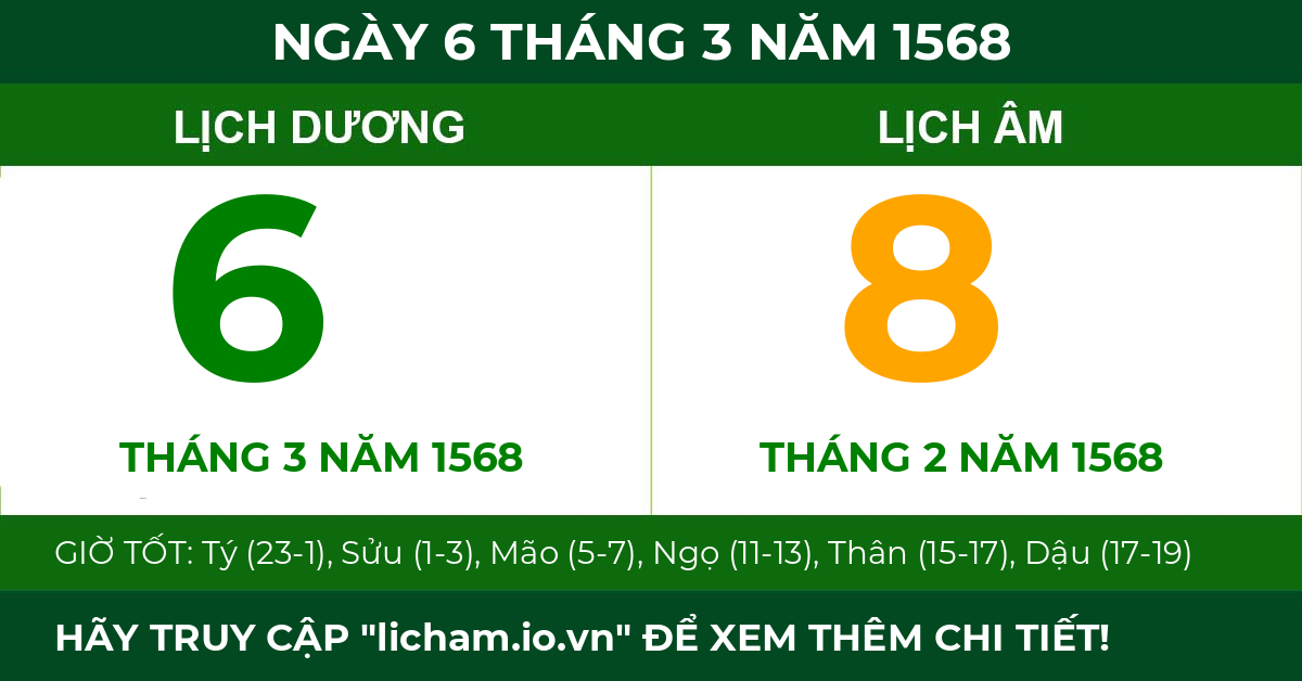 lịch âm ngày 6 tháng 3 năm 1568
