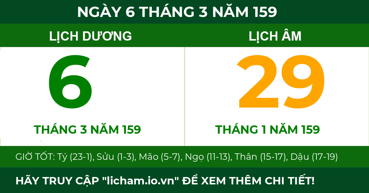lịch âm ngày 6 tháng 3 năm 159