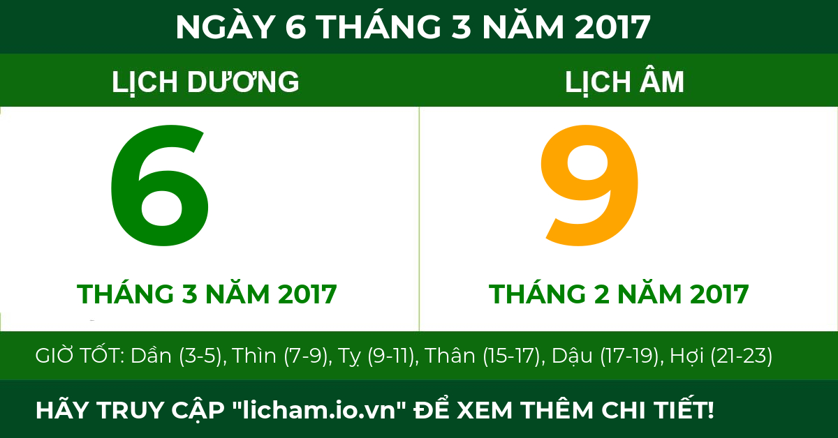 lịch âm ngày 6 tháng 3 năm 2017