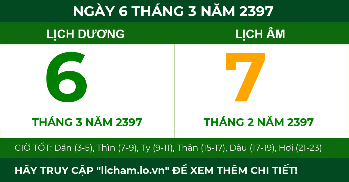 lịch âm ngày 6 tháng 3 năm 2397