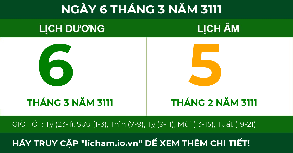 lịch âm ngày 6 tháng 3 năm 3111