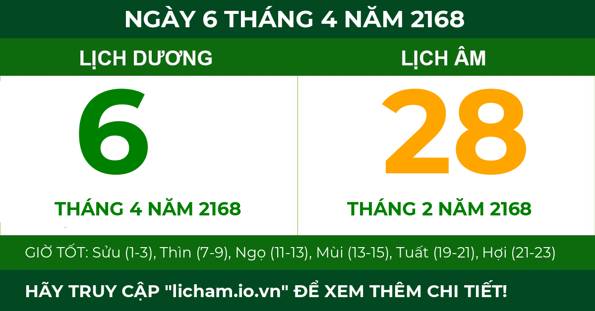 lịch âm ngày 6 tháng 4 năm 2168