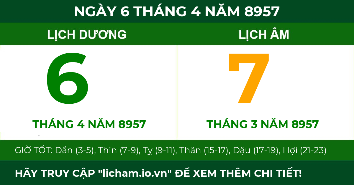 lịch âm ngày 6 tháng 4 năm 8957