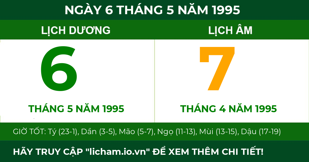 lịch âm ngày 6 tháng 5 năm 1995
