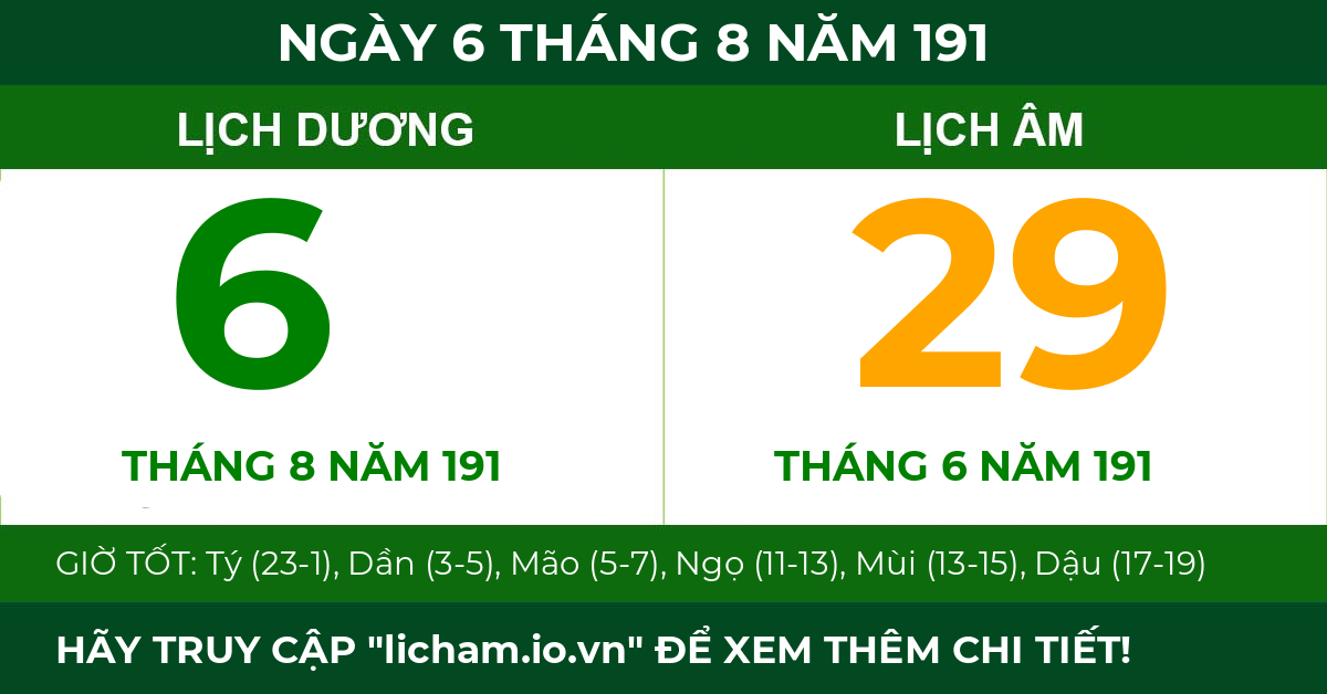lịch âm ngày 6 tháng 8 năm 191