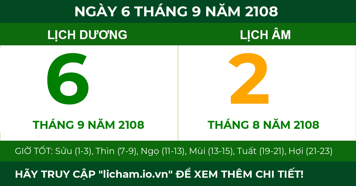 lịch âm ngày 6 tháng 9 năm 2108