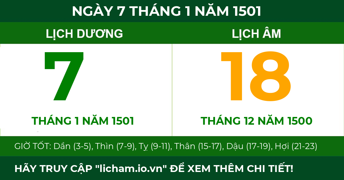 lịch âm ngày 7 tháng 1 năm 1501