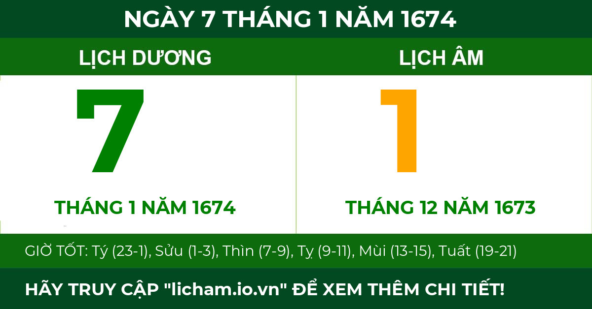 lịch âm ngày 7 tháng 1 năm 1674