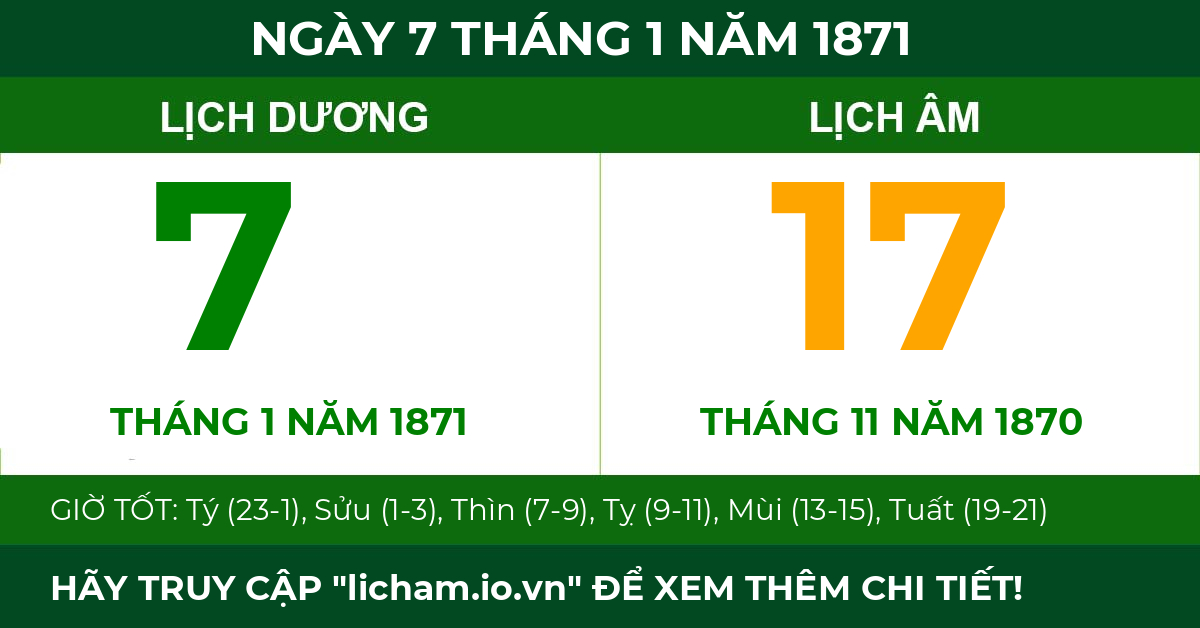 lịch âm ngày 7 tháng 1 năm 1871