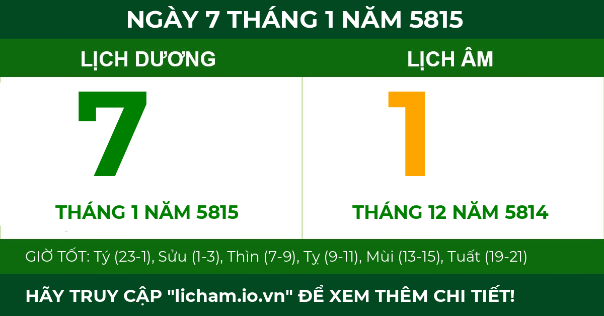 lịch âm ngày 7 tháng 1 năm 5815