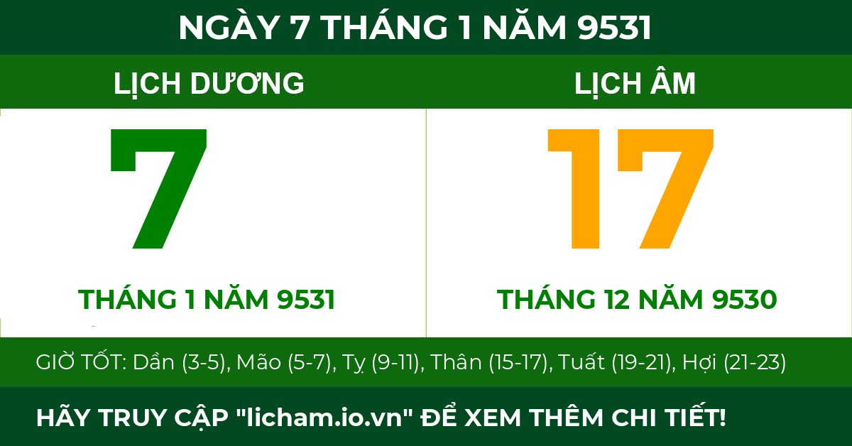 lịch âm ngày 7 tháng 1 năm 9531