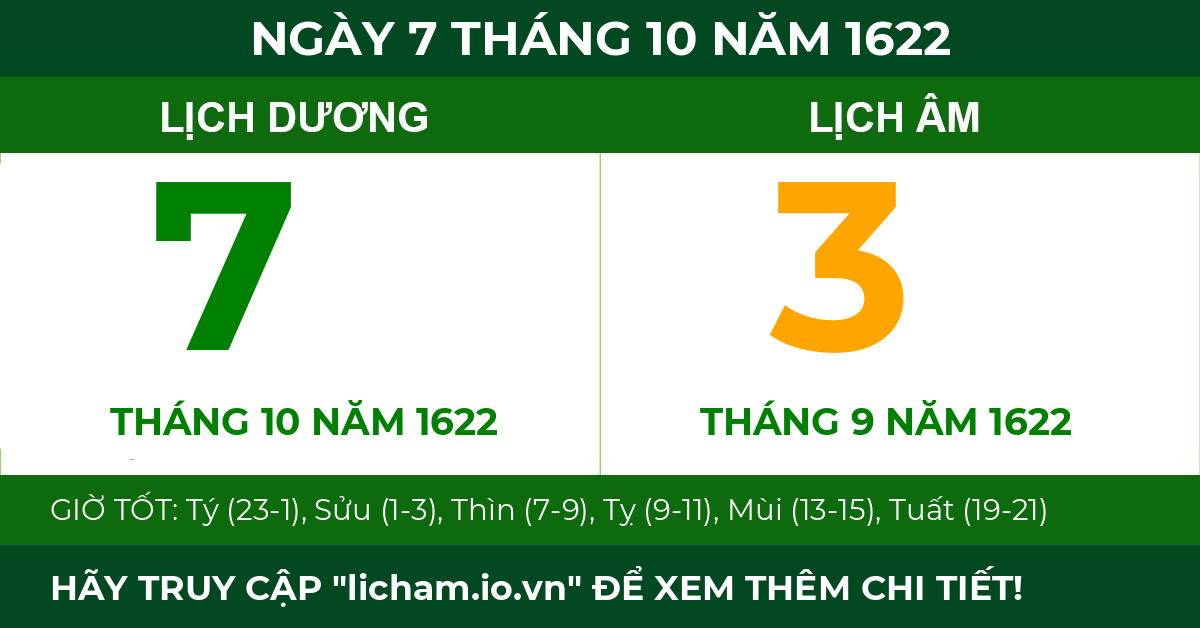 lịch âm ngày 7 tháng 10 năm 1622