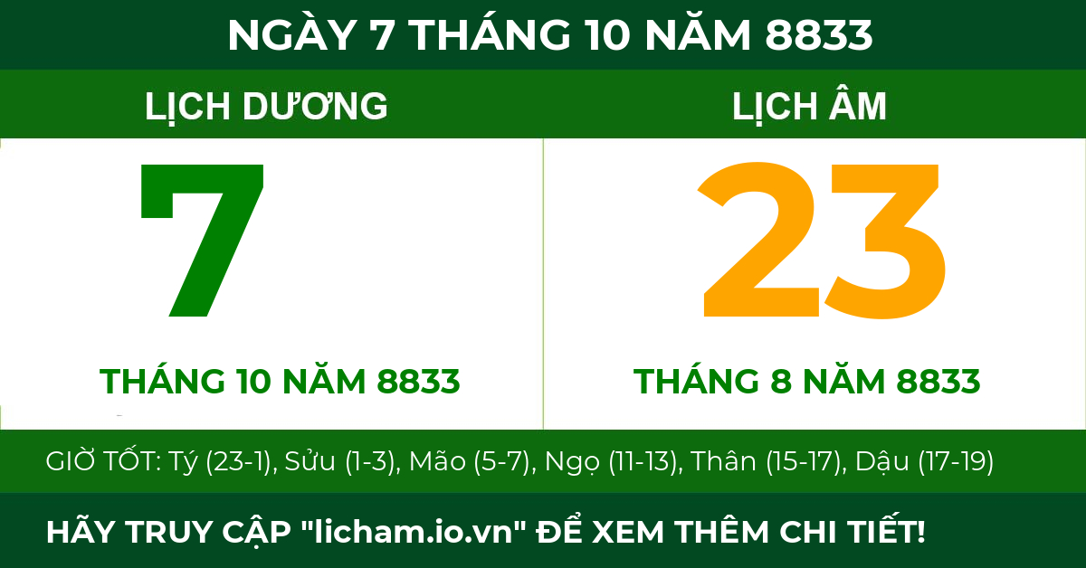 lịch âm ngày 7 tháng 10 năm 8833