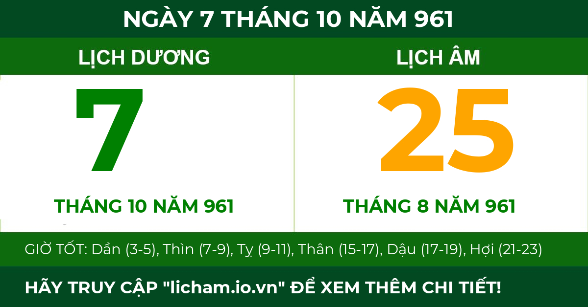 lịch âm ngày 7 tháng 10 năm 961