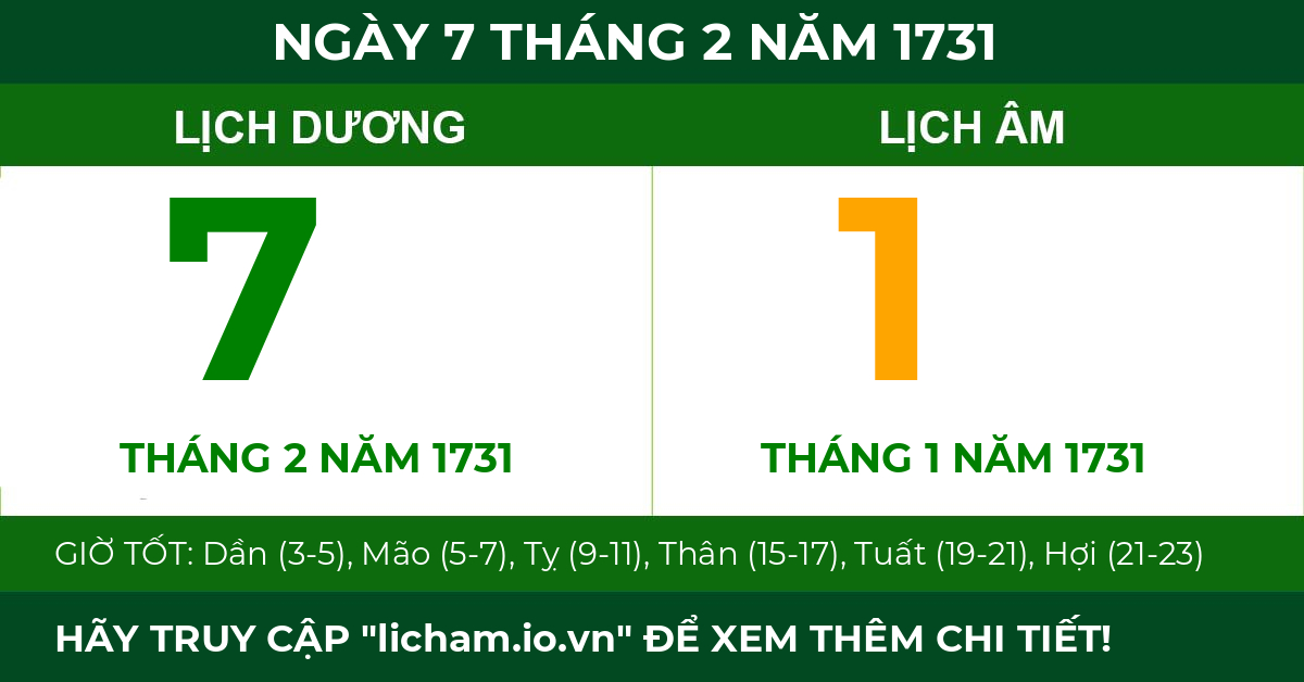 lịch âm ngày 7 tháng 2 năm 1731