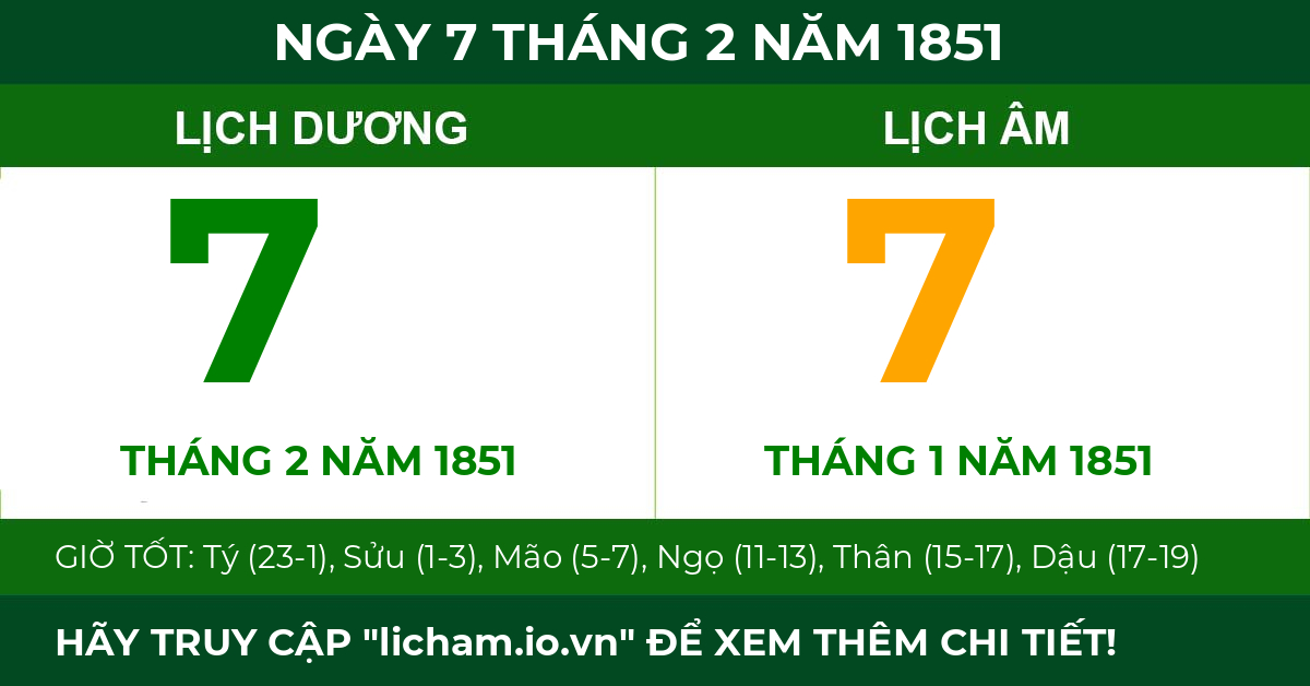 lịch âm ngày 7 tháng 2 năm 1851