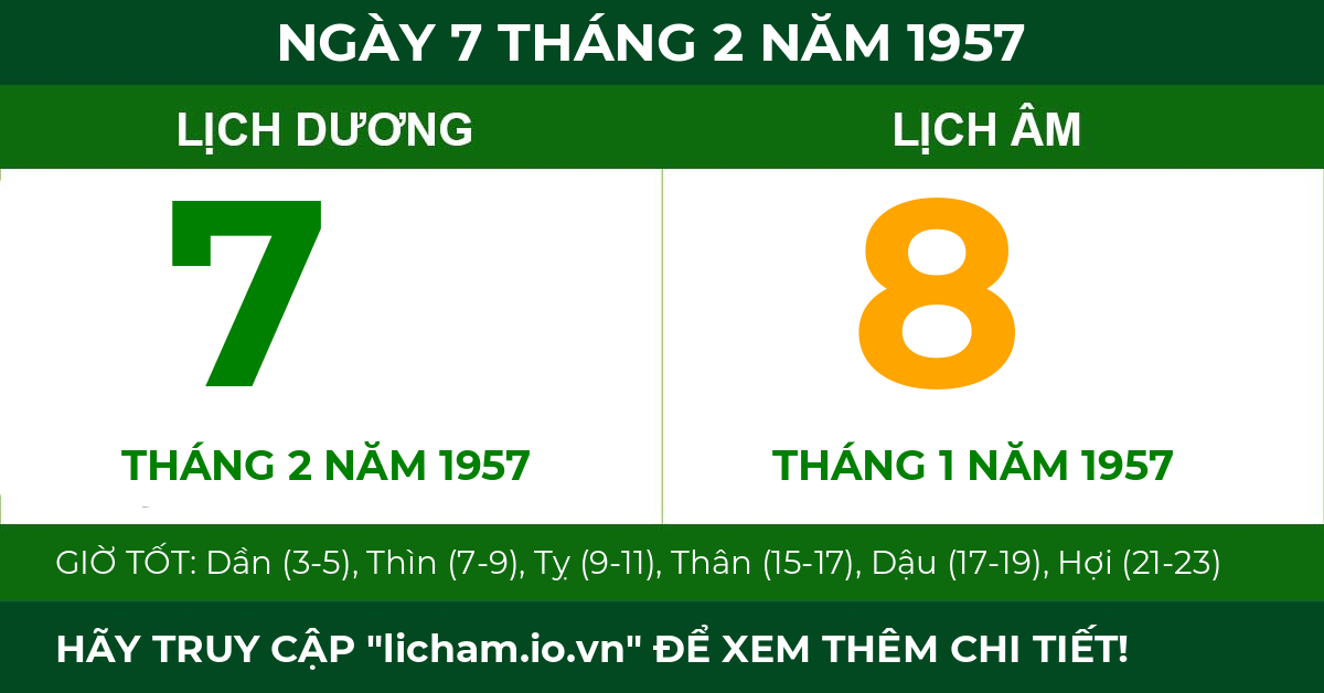 lịch âm ngày 7 tháng 2 năm 1957