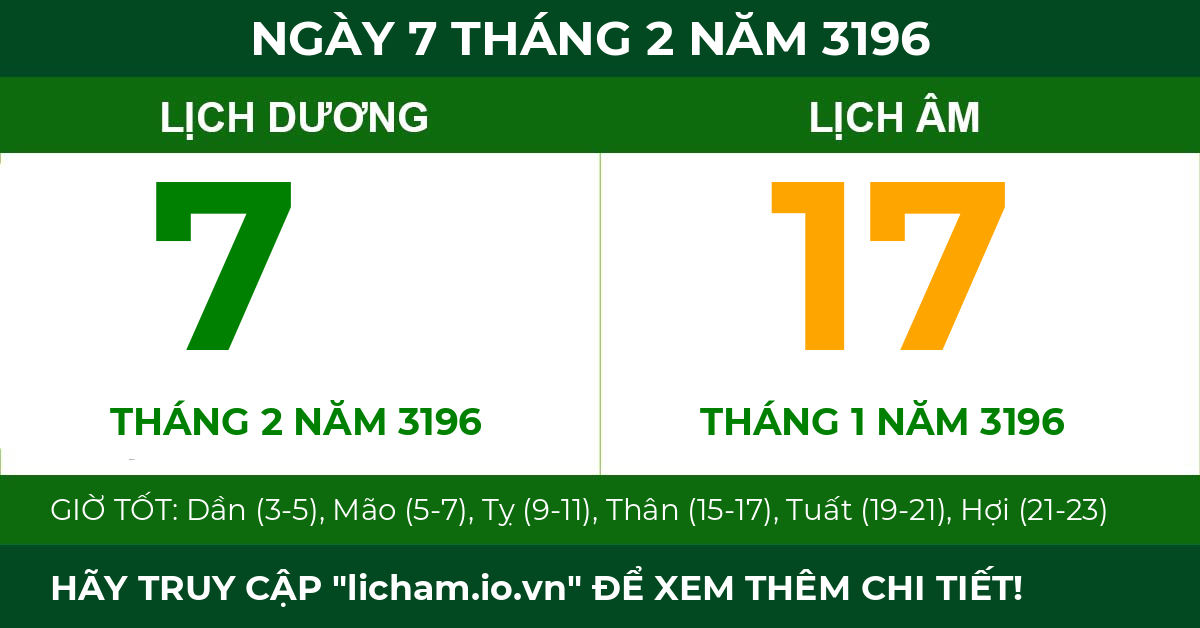 lịch âm ngày 7 tháng 2 năm 3196