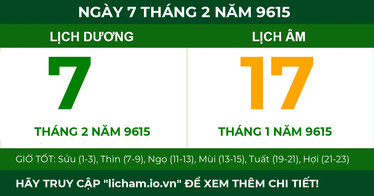 lịch âm ngày 7 tháng 2 năm 9615