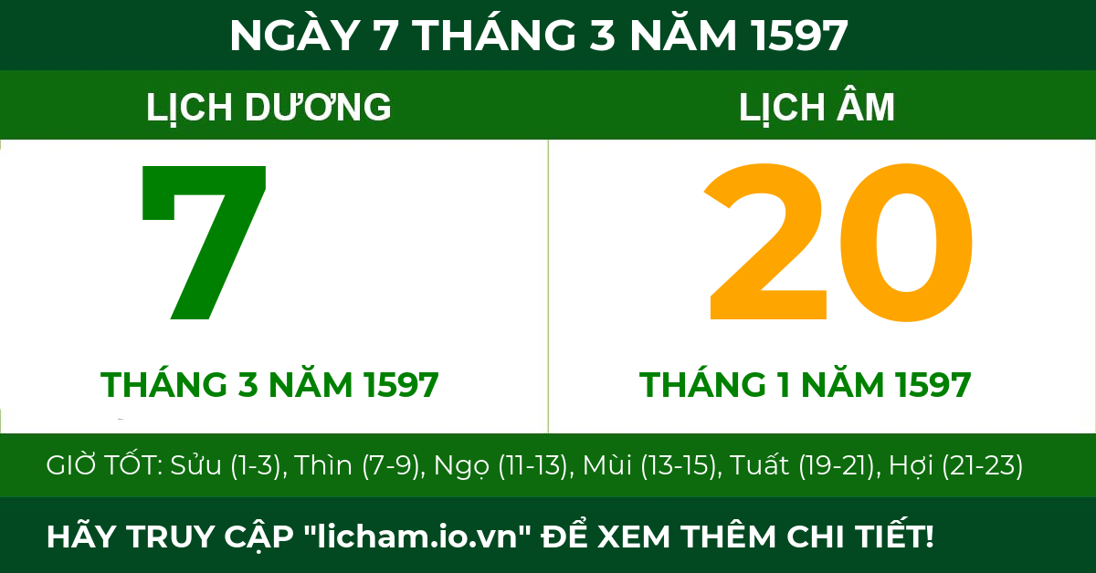 lịch âm ngày 7 tháng 3 năm 1597