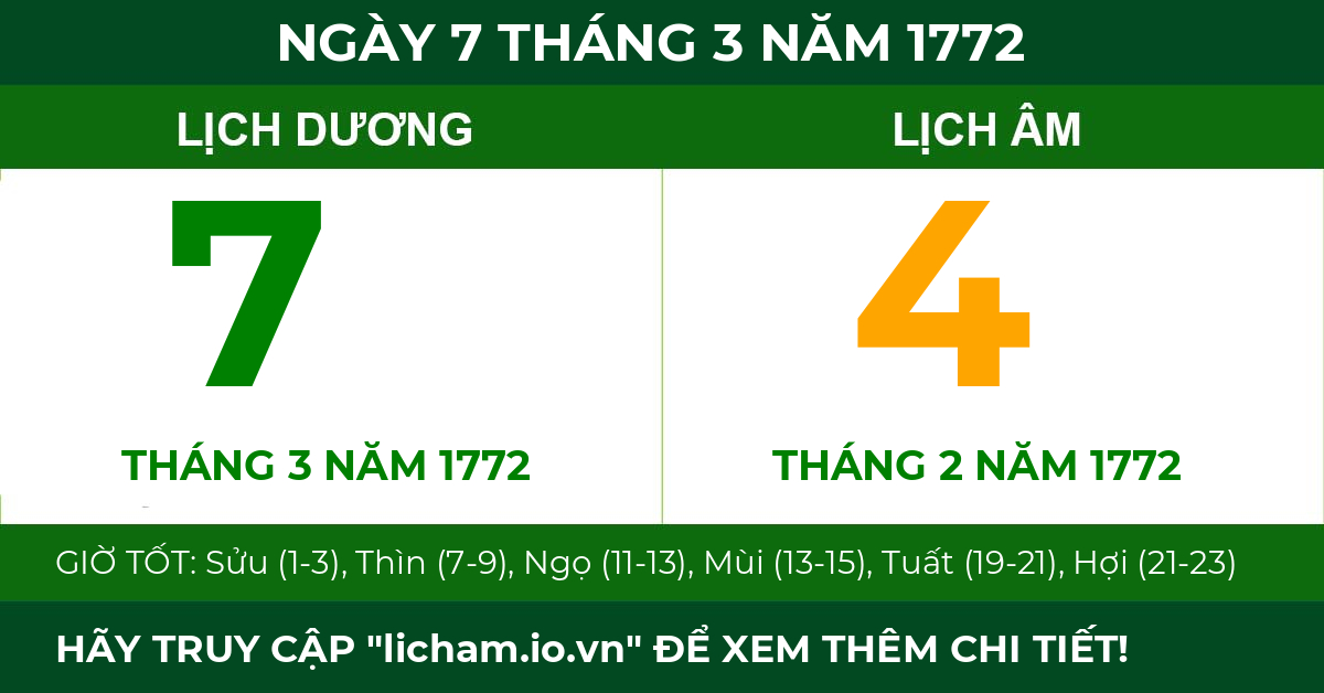 lịch âm ngày 7 tháng 3 năm 1772