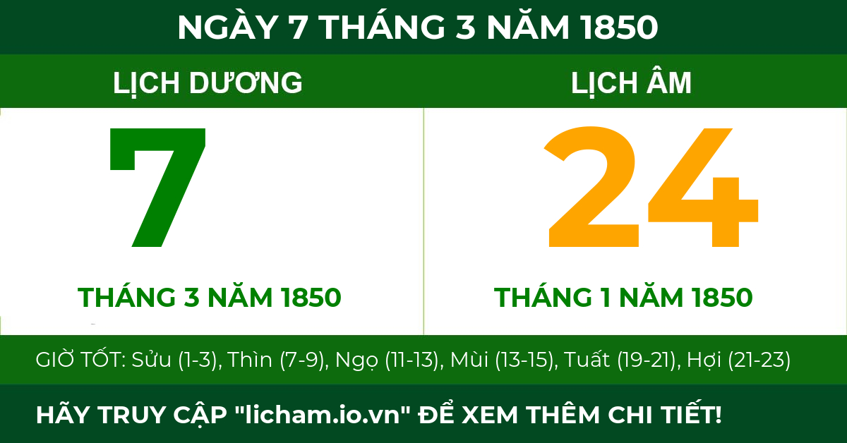 lịch âm ngày 7 tháng 3 năm 1850