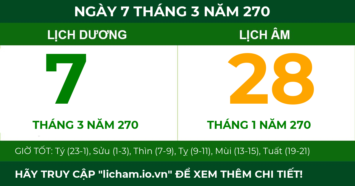 lịch âm ngày 7 tháng 3 năm 270