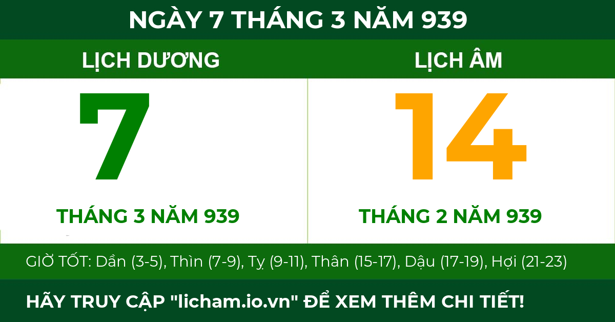 lịch âm ngày 7 tháng 3 năm 939