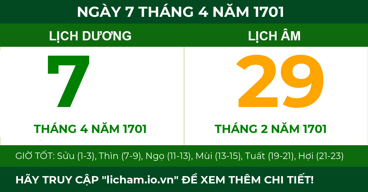 lịch âm ngày 7 tháng 4 năm 1701