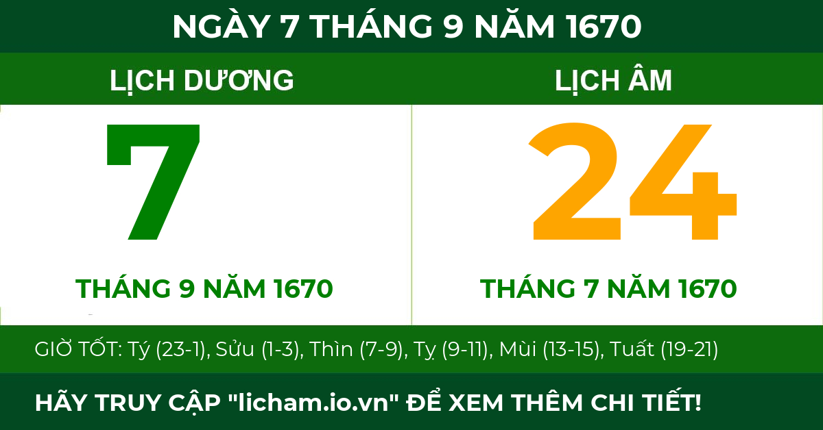 lịch âm ngày 7 tháng 9 năm 1670