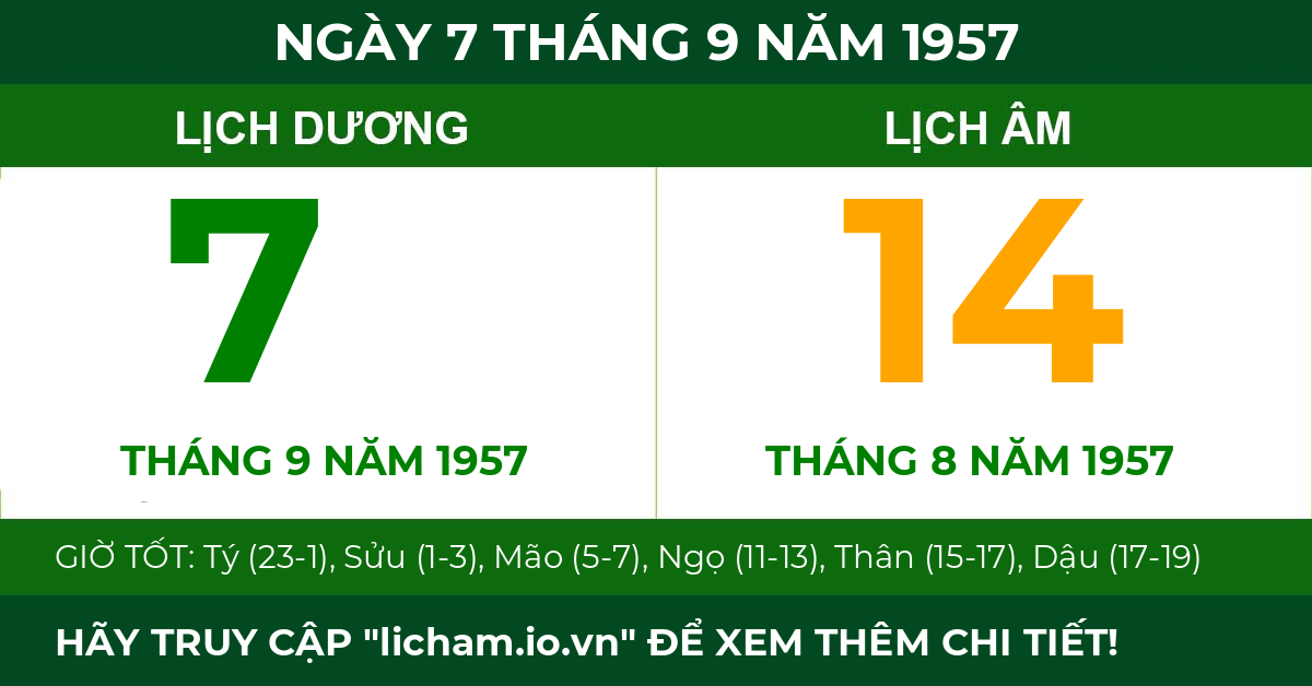 lịch âm ngày 7 tháng 9 năm 1957