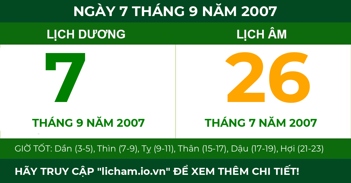 lịch âm ngày 7 tháng 9 năm 2007