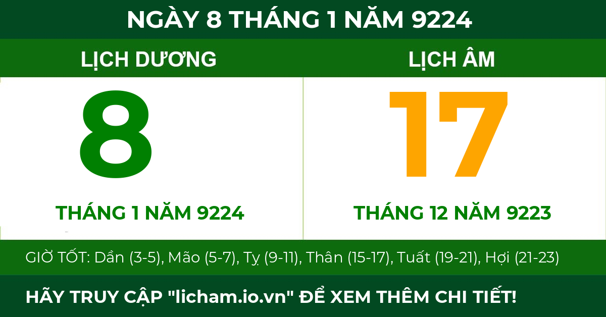 lịch âm ngày 8 tháng 1 năm 9224